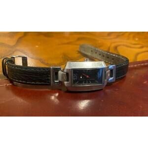Women's Silver Tone Hilfiger Watch, Black Face and Leather Band